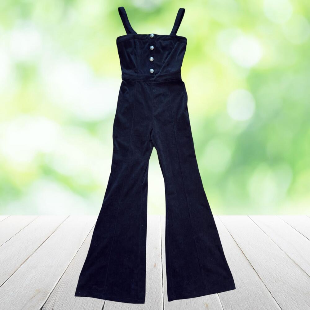 Vtg Y2K JEALOUS TOMATO Jumpsuit Bell Bottom Flare Stretch Corduroy Black Size XS